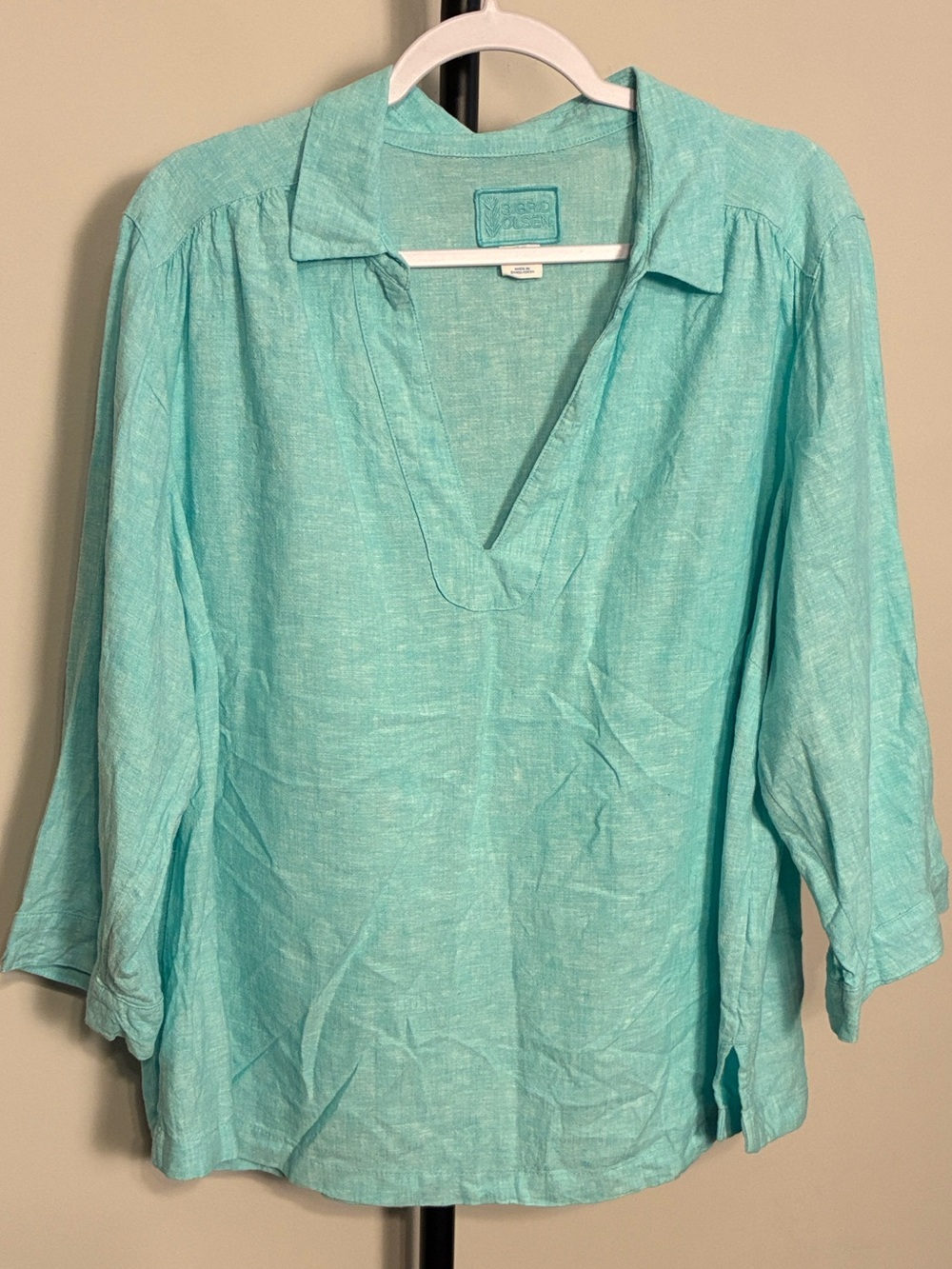 Sigrid Olsen Turquoise Blue V-Neck Collar Linen-Blend Blouse 3/4 Sleeve Plus 1X